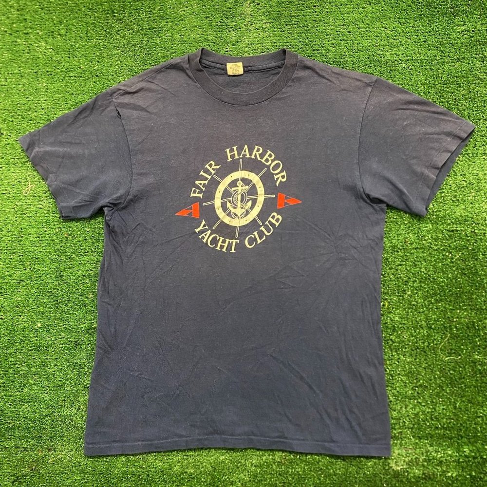 Vintage 80s Fair Harbor Yacht Club T-Shirt Navy Single Stitch Nautical Preppy M